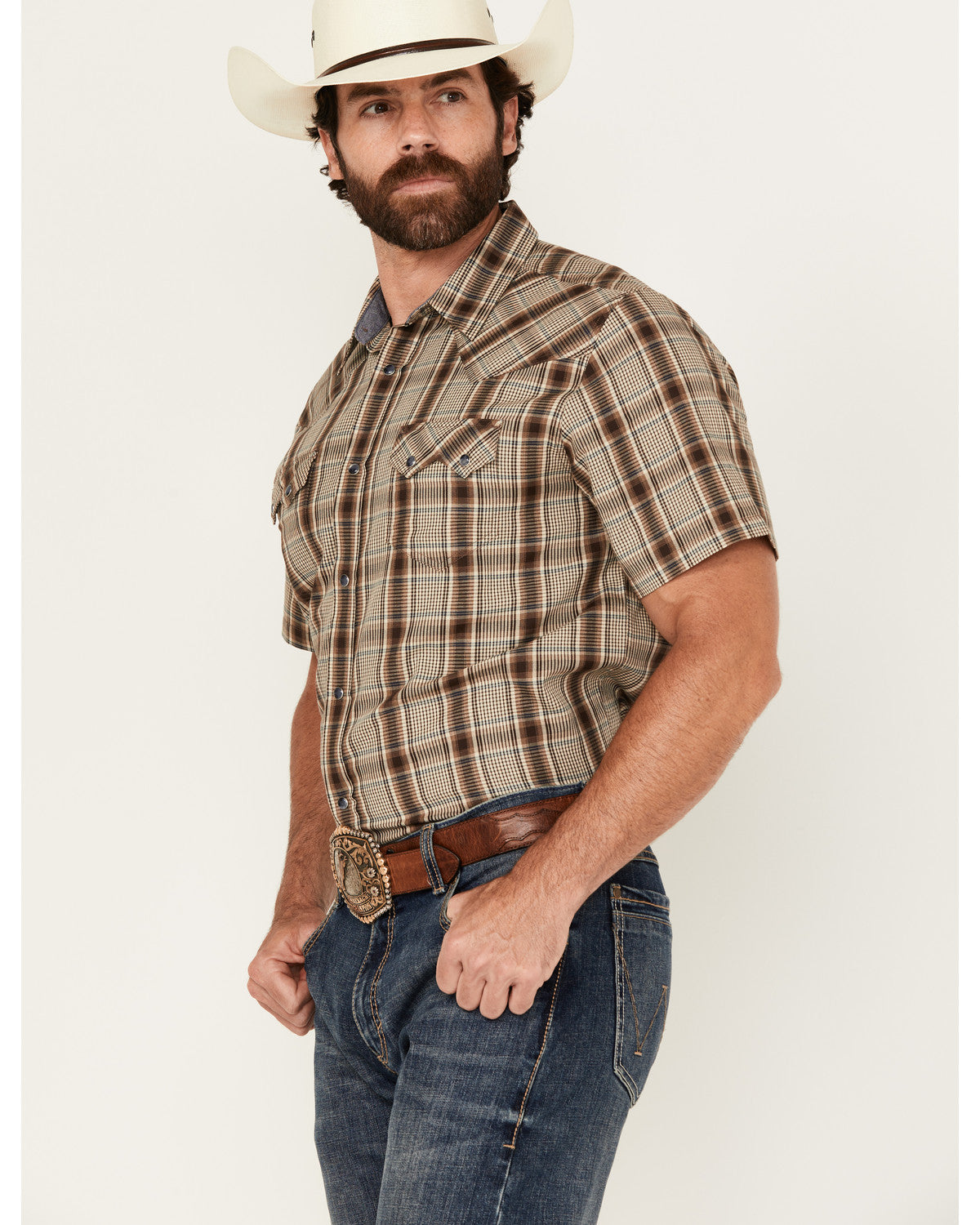 Men's Poncho Plaid Print Short Sleeve Snap Western Shirt -
