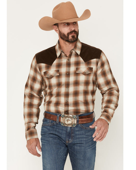 Men's Mad Plaid Print Corduroy Long Sleeve Snap Western Shi