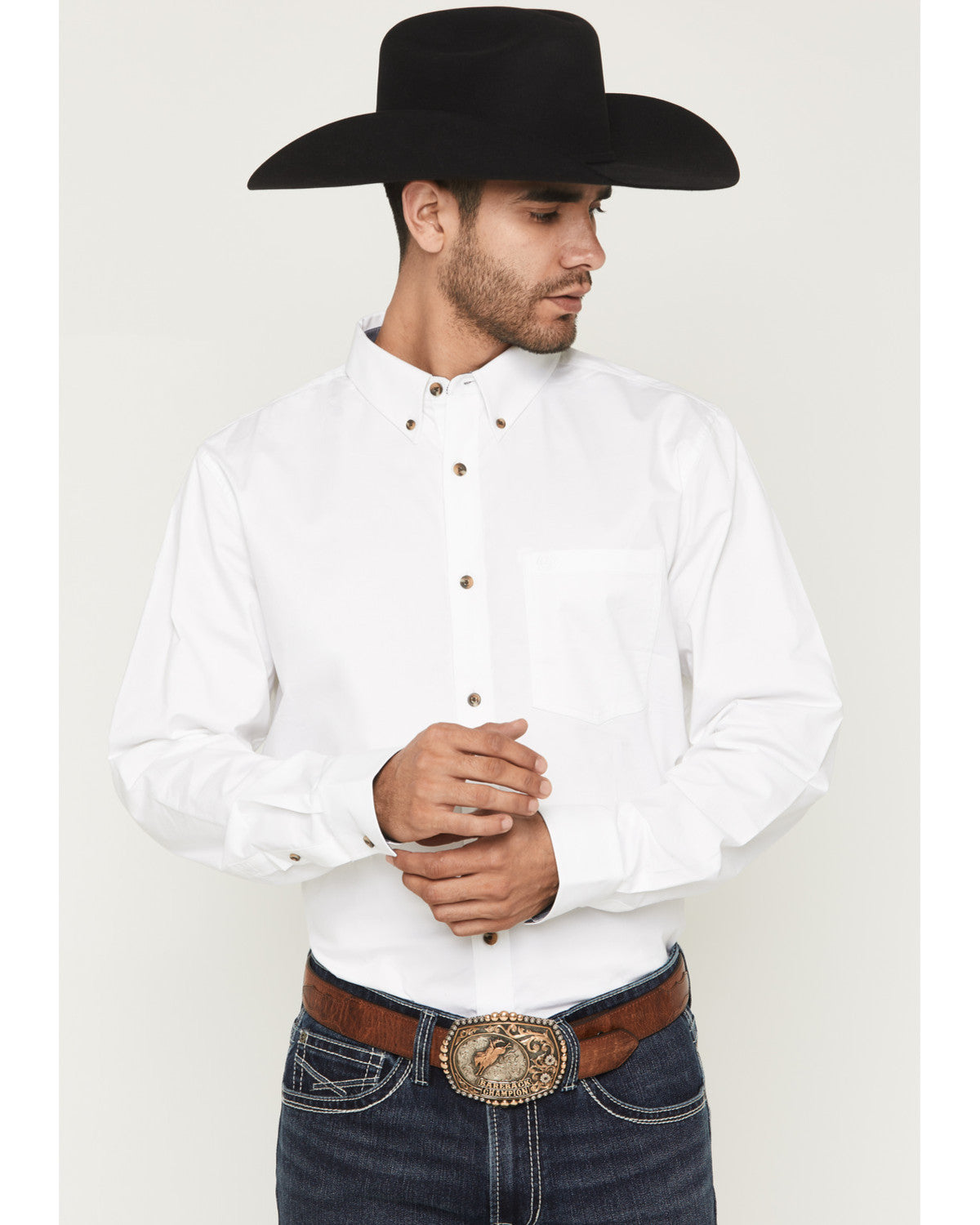 Men's Basic Solid Long Sleeve Button-Down Stretch Western S