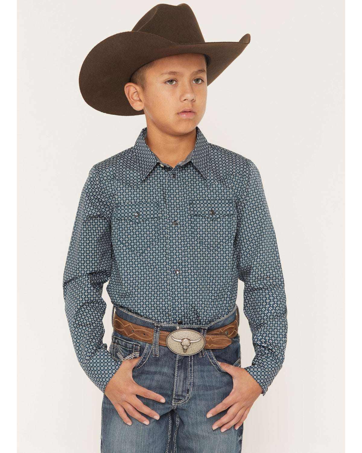 Boys' Bourbon Geo Print Long Sleeve Pearl Snap Western Shir