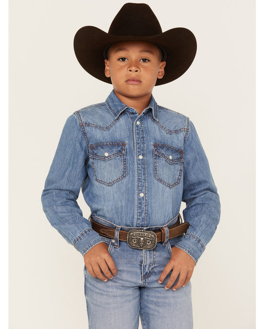 Boys' Cave Creek Long Sleeve Pearl Snap Western Denim Shirt