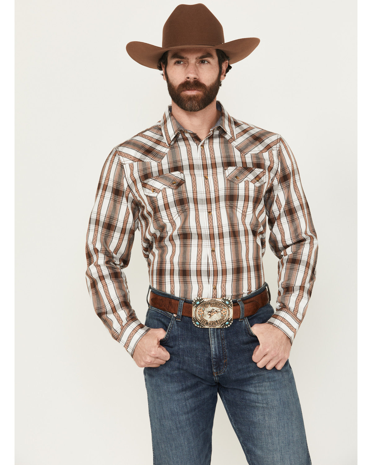 Men' Rodeo Plaid Print Long Sleeve Snap Western Shirt
