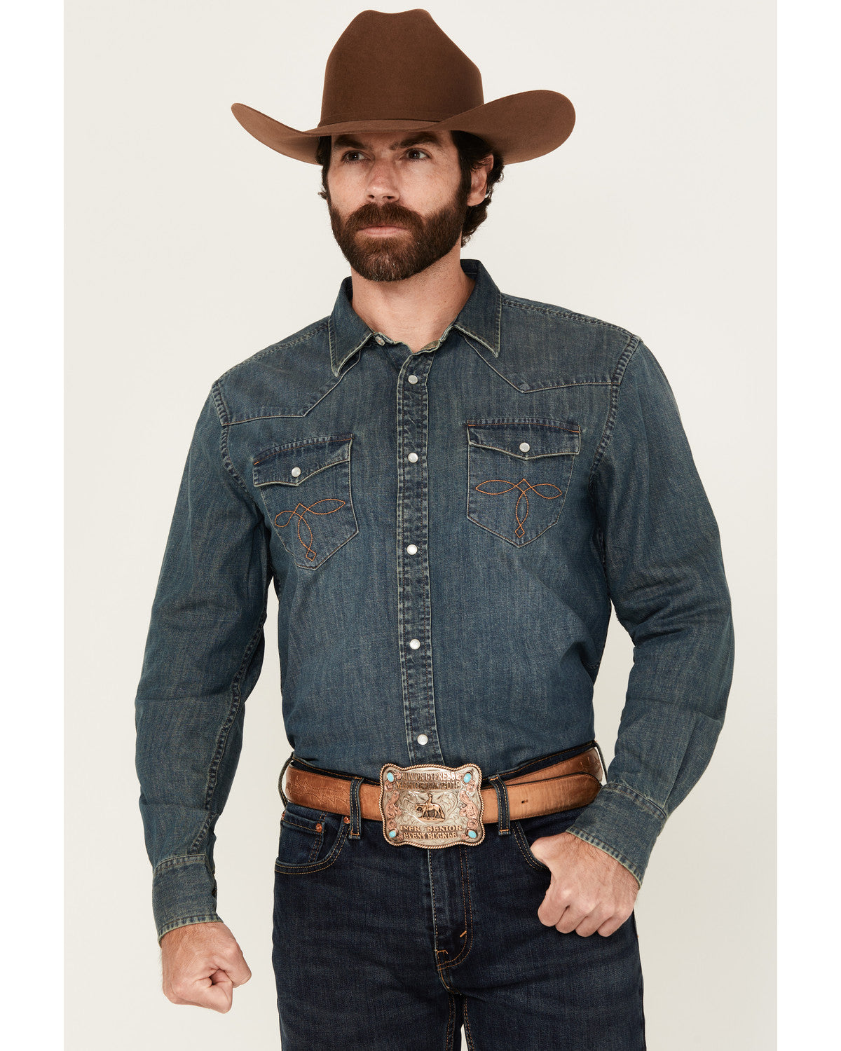 Men's Medium Wash Denim Long Sleeve Pearl Snap Western Shir