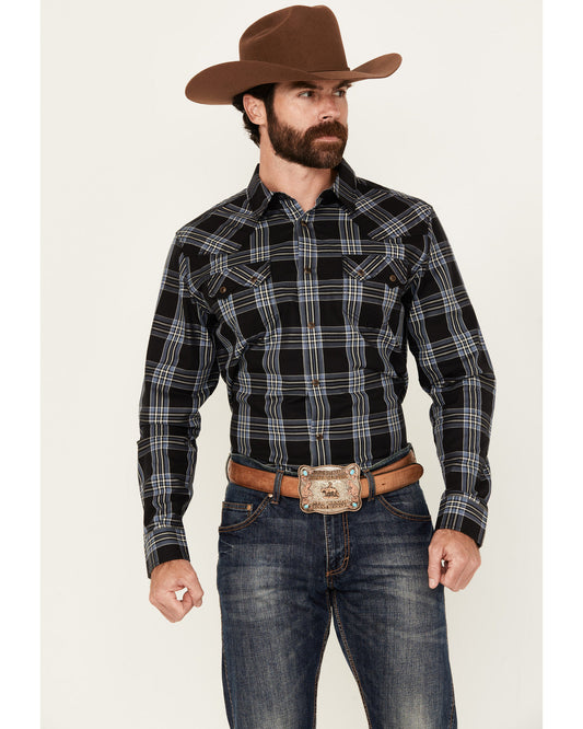 Men's Irving Plaid Print Long Sleeve Snap Western Shirt - B