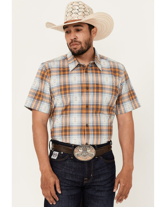 Men's Spur Dobby Plaid Print Short Sleeve Button-Down Stret