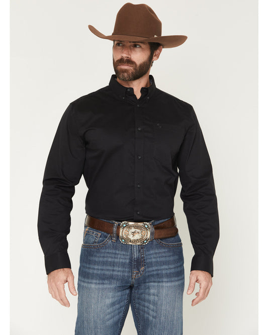 Men's Basic Solid Long Sleeve Button-Down Stretch Western S