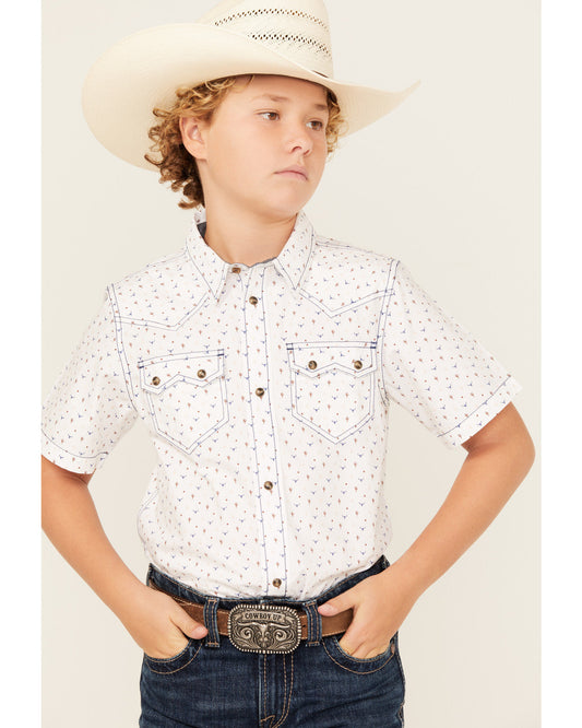 Boys' Bull Cactus Print Short Sleeve Snap Western Shirt