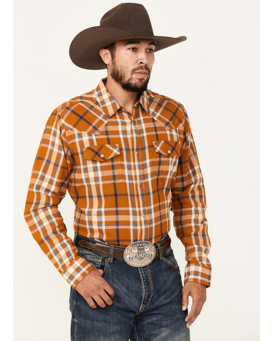 Men's Tidal Wave Plaid Print Long Sleeve Snap Western Flann