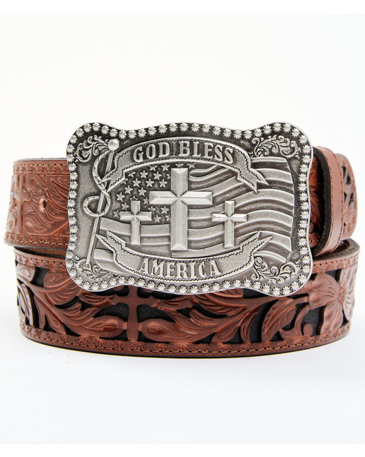 Men's God Bless America Cross Buckle Leather Belt