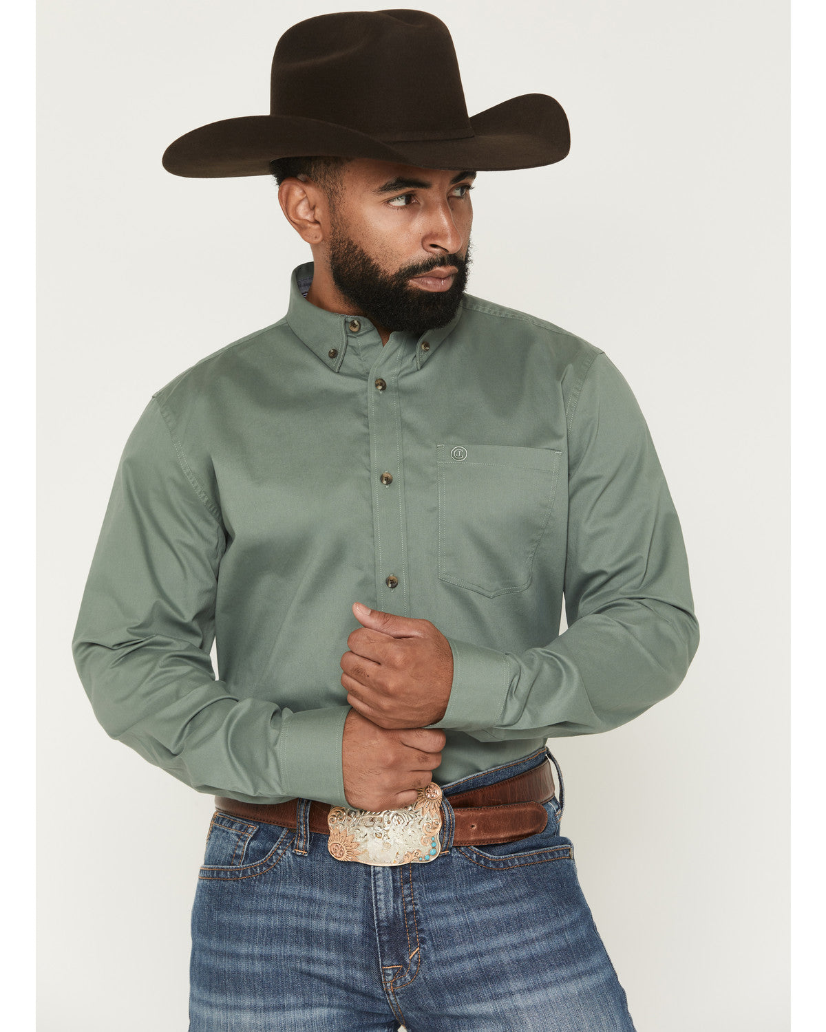 Men's Basic Solid Long Sleeve Button-Down Stretch Western S