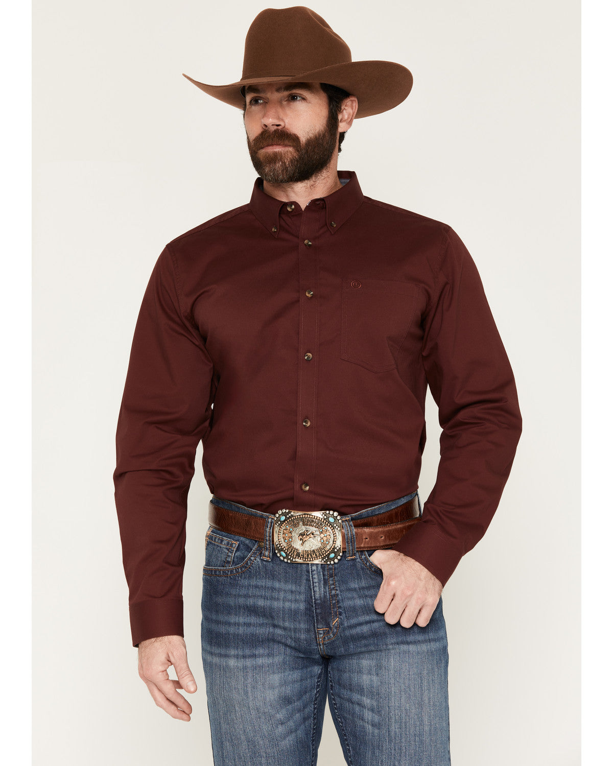 Men's Basic Solid Long Sleeve Button-Down Stretch Western S