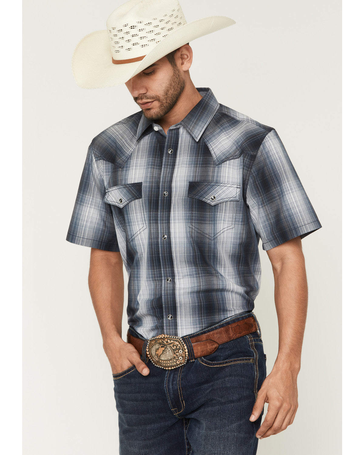 Men's Weed Wacker Plaid Print Short Sleeve Snap Western Shi