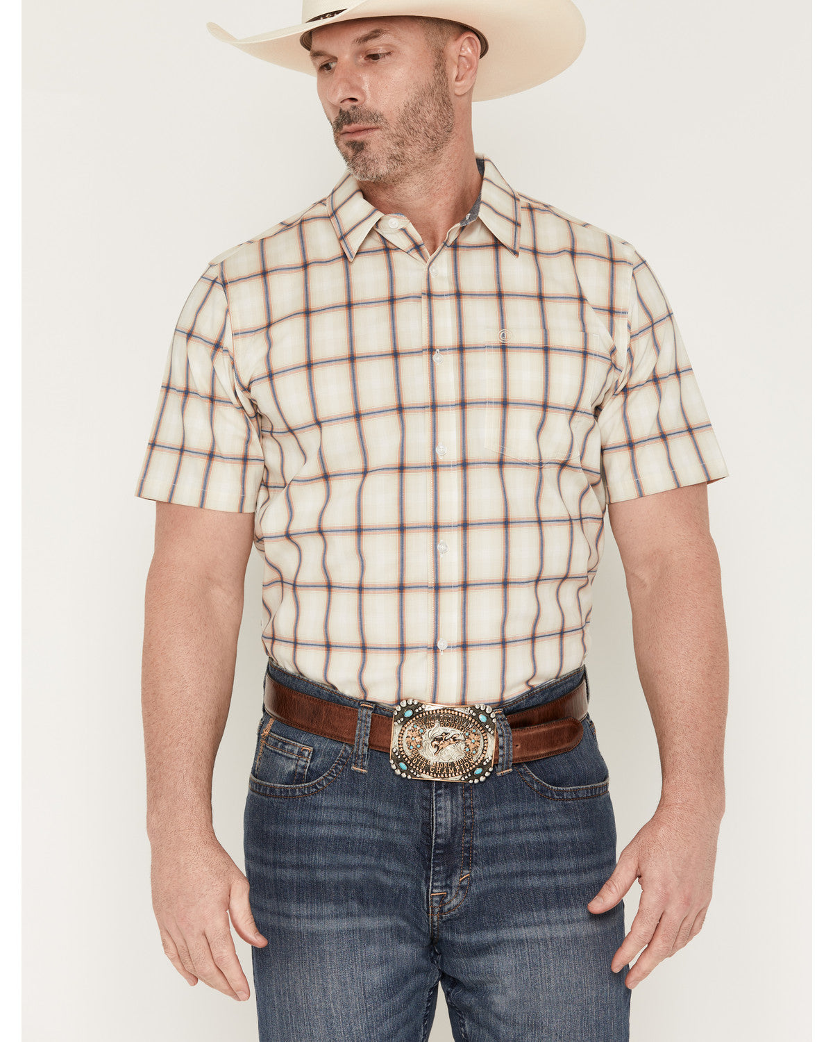 Men's Sunset Hour Plaid Print Short Sleeve Button-Down Stre