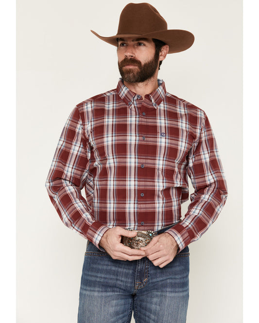 Men's Ruby Red Plaid Print Long Sleeve Button-Down Stretch